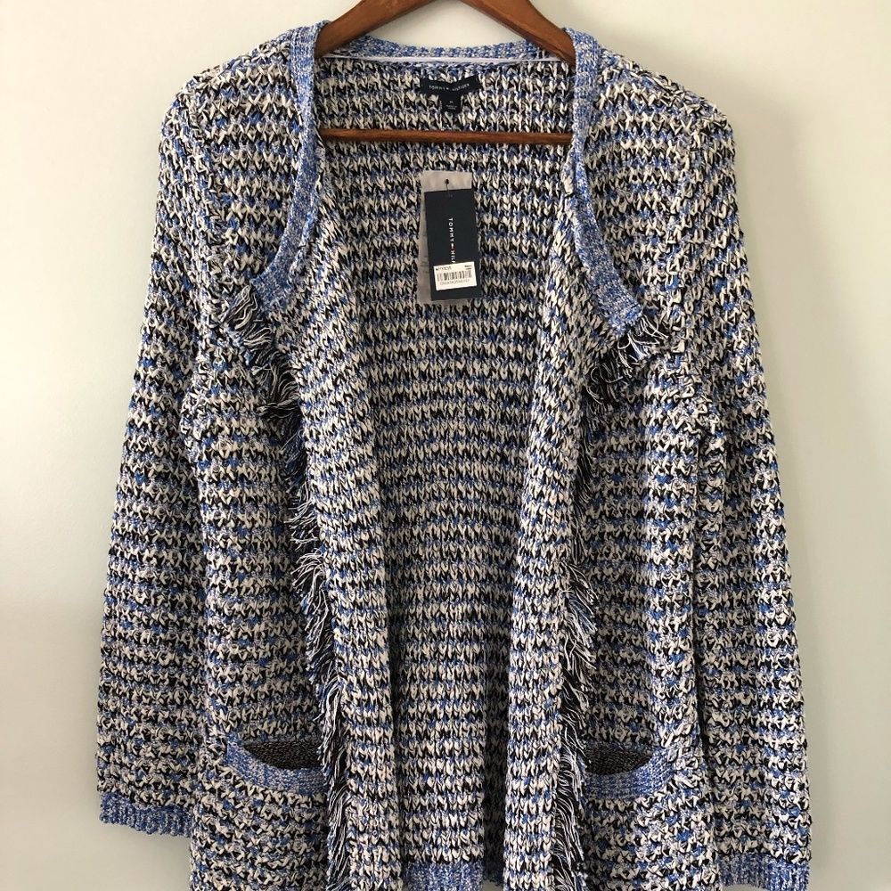 Tommy Hilfiger Fringed Open Front Sweater Jacket Size M
